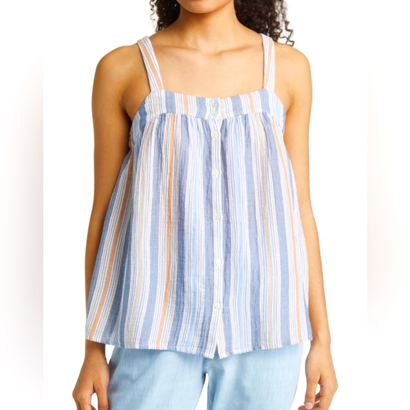 Caslon Tops - Stripe Gauze Button Front Tank Blue Nordstrom Caslon Coastal Cotton Sleeveless